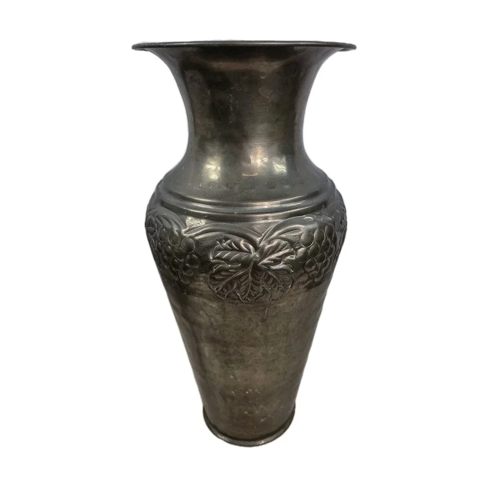 Vintage Distressed Tall Brass Embossed Urn Vase Vessel India 14.5